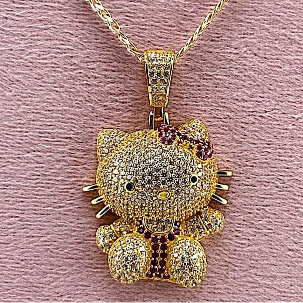 Gold Iced Out Hello Kitty Charm Pendant Necklace 3D Full Body - Picture 3 of 6
